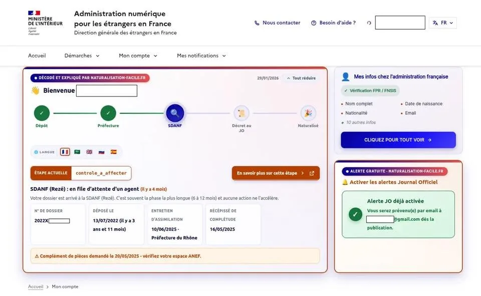 Carte de suivi affichée par l'extension Décodeur ANEF sur le portail ANEF (informations personnelles masquées)