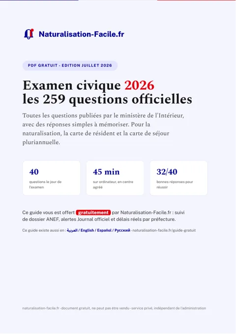 Couverture du PDF gratuit : Examen civique 2026, les 259 questions officielles