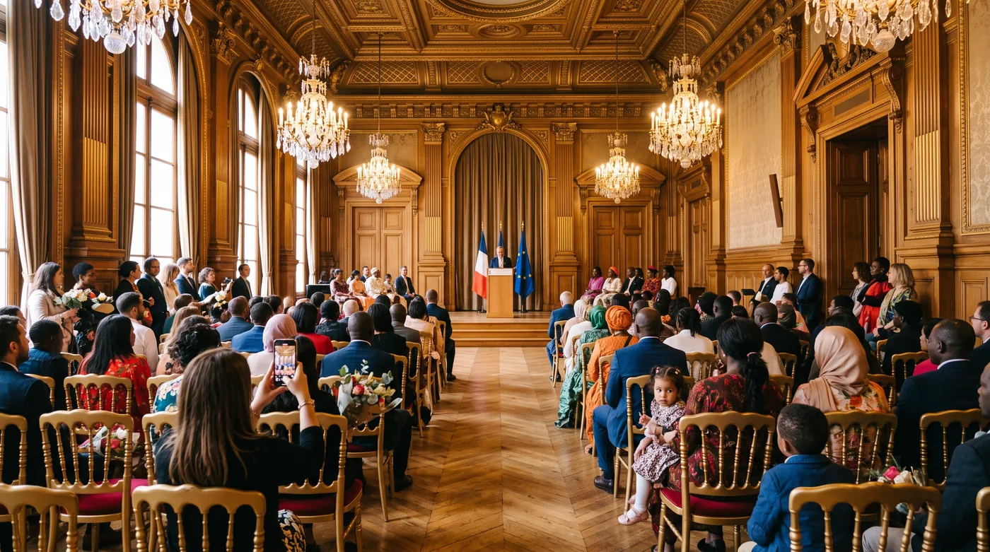 Salon d'apparat d'une préfecture pendant une cérémonie : familles assises sur des chaises dorées, drapeaux français et européen de part et d'autre du pupitre, lustres en cristal