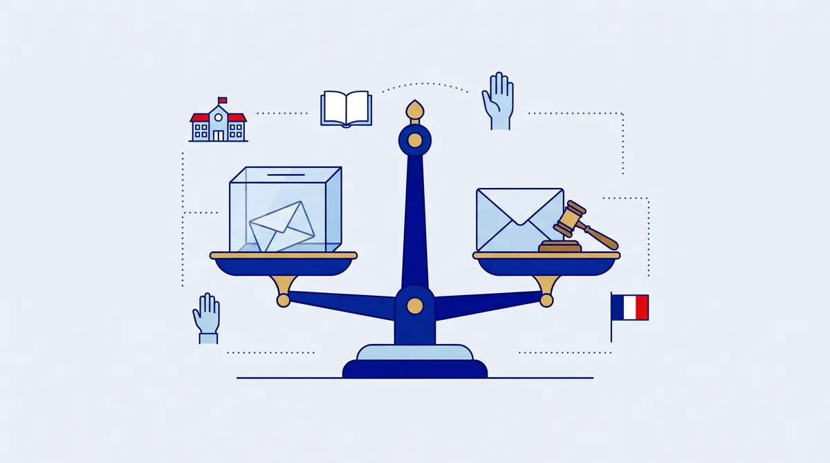 Charte des droits et devoirs du citoyen français posée sur un bureau de préfecture, avec un stylo, avant la signature