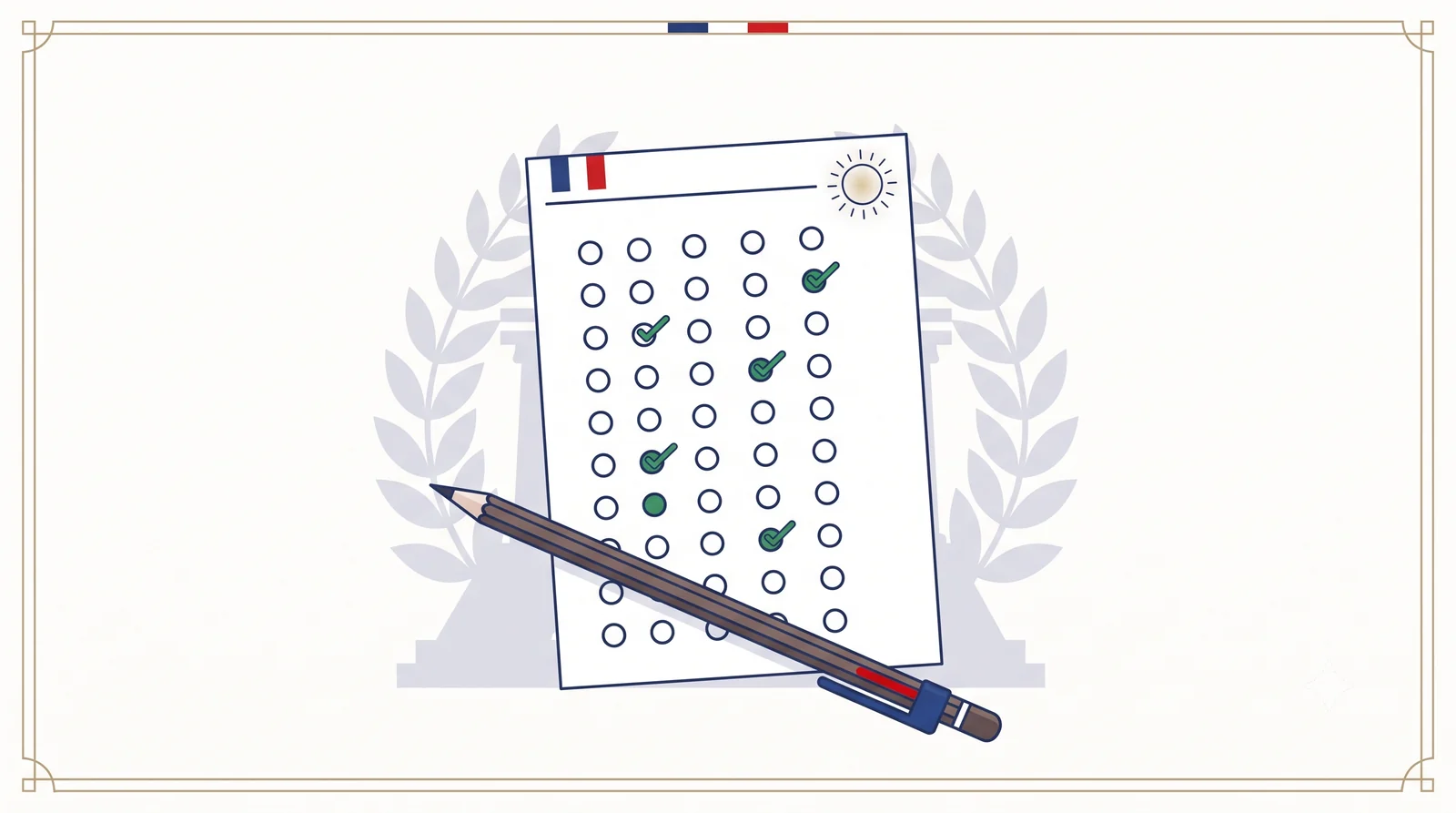 Feuille de réponses QCM de l'examen civique avec un crayon