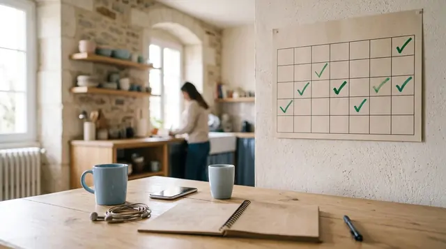 Calendrier accroché au mur avec des dates cochées en vert, au-dessus d'une table avec des tasses
