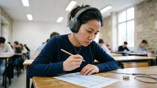 Une candidate écoute un audio au casque et coche ses réponses