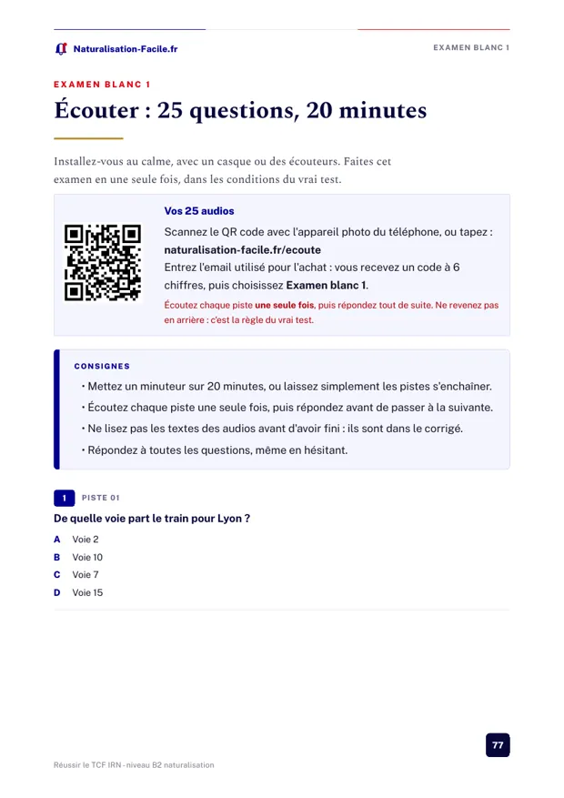 Page du guide : examen blanc écouter avec le QR code des audios