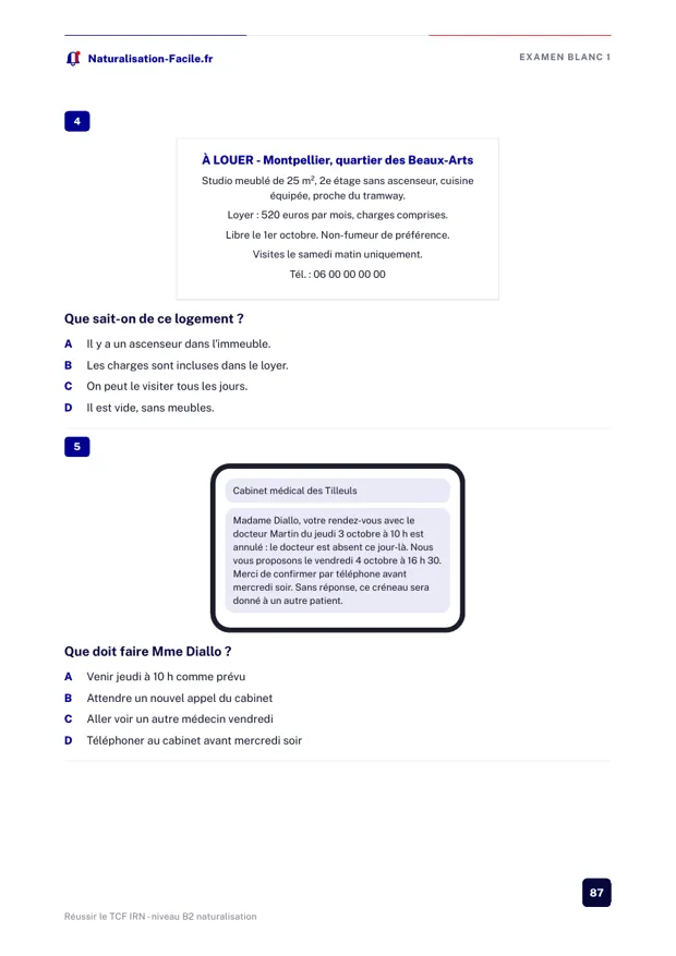 Page du guide : examen blanc lire avec une annonce et un message