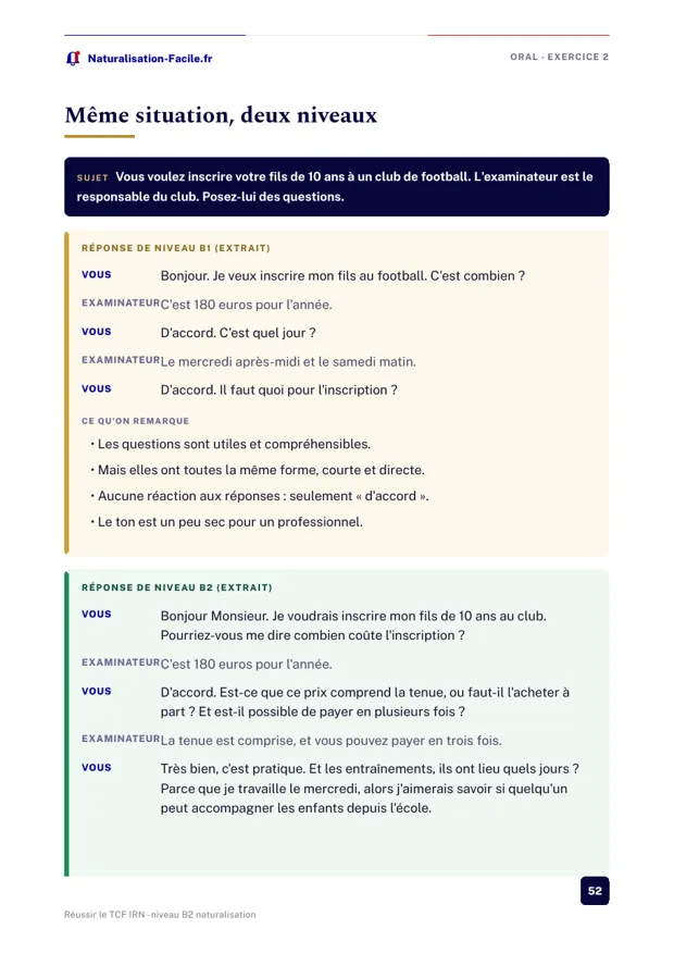 Page du guide : la même situation à l'oral en B1 et en B2